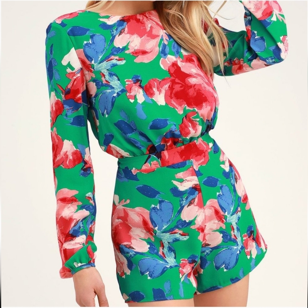 Lulu's Sweetest Song Green Floral Print Backless Romper